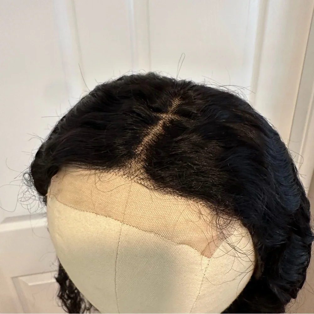 20” Natural Black Water Wave Human Hair 4x4 Lace Closure Wig 150% #QB3